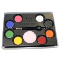 Pfirsichfarbene Schminkpalette mit 8 Farben, Schwamm und Pinsel - perfekt für ein vielseitiges Make-up.