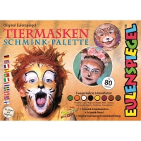 Bunte Schminkpalette mit 8 Tiermasken-Farben, Schwamm und Pinsel.