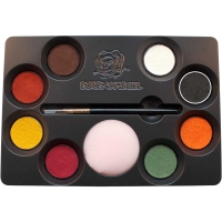 Bunte Schminkpalette mit 8 Tiermasken-Farben, Schwamm und Pinsel.