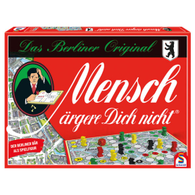 Brettspiel Mensch ärgere dich nicht Berlin Edition mit individuellem Design und Spielbrett in Blau-Weiß-Rot.