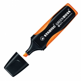 Textmarker von Stabilo in Orange mit grüner Kappe und nachfüllbarer Tinte.