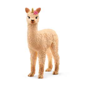 Weißes Schleich Bayala Lama Einhorn Baby Figurenspielzeug, 8,3cm groß, detailreich gestaltet.