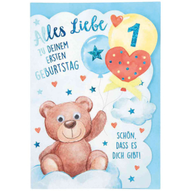 Kinderkarte mit buntem Tiermotiv und handschriftlichem Text.