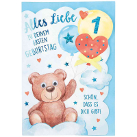 Kinderkarte mit buntem Tiermotiv und handschriftlichem Text.