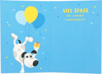 Kinderkarte mit buntem Tiermotiv und handschriftlichem Text.