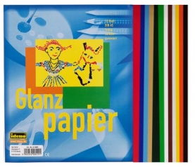 Buntes Glanzpapier A5 mit 12 Blatt und gummiertem Verschluss.