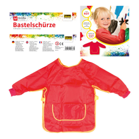 Rote Bastelschürze für Kinder im Alter von 7-8 Jahren mit praktischen Taschen und verstellbarem Verschluss.