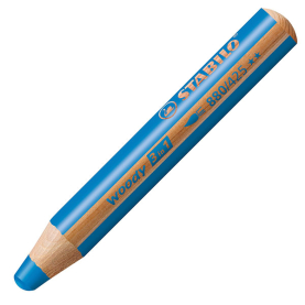 Blauer Woody 3in1 Buntstift mit mittelblauer Farbe, wasserlöslich und extra dick für verschiedene Maltechniken.