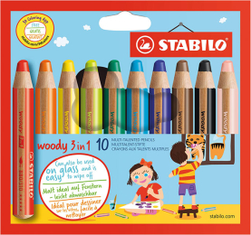 Buntstifte Woody 3-in-1 in 10 verschiedenen Farben mit hoher Deckkraft und ergonomischer Form.