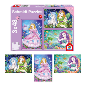 Puzzle mit Prinzessin, Fee und Meerjungfrau Motiven, 3x48 Teile.