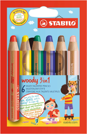 Bunte Woody 3in1 Buntstifte im 6er Etui.