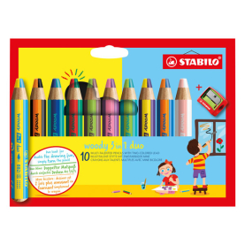 10er Pack bunte Woody 3in1 Duo Buntstifte mit integriertem Spitzer in praktischem Etui.