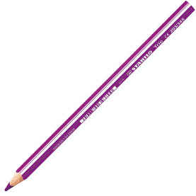 Drei bunte dicke Buntstifte in den Farben Rot, Violett und Blau.