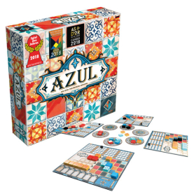 Holzlegespiel Azul mit bunten geometrischen Formen und praktischer Aufbewahrungsbox.