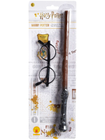 Harry Potter Zubehör-Set bestehend aus Zauberstab und Brille mit markanten Hogwarts-Details.