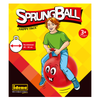 Roter Sprungball mit Happy Face Motiv, Durchmesser 45-50cm für spaßiges Hüpfvergnügen.