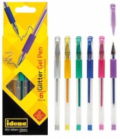 Sechserpack Glitzer-Gelstifte in verschiedenen Farben für kreatives Schreiben und Basteln.