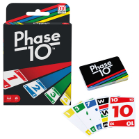 Kartenspiel Phase 10 mit goldenen Zahlen und bunten Karten.