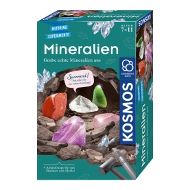 Mineralien-Experimentierkasten mit verschiedenen Kristallen und mineralischen Proben in einem blauen Kasten.