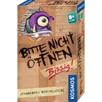 Rotes Brettspiel Bitte nicht öffnen mit lustigem und bissigem Thema.